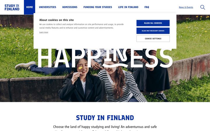 Screenshot of studyinfinland.fi