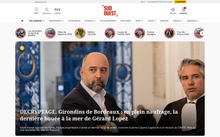 Snímek obrazovky sudouest.fr