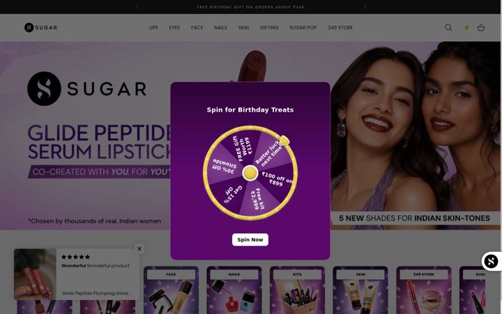 Screenshot of sugarcosmetics.com