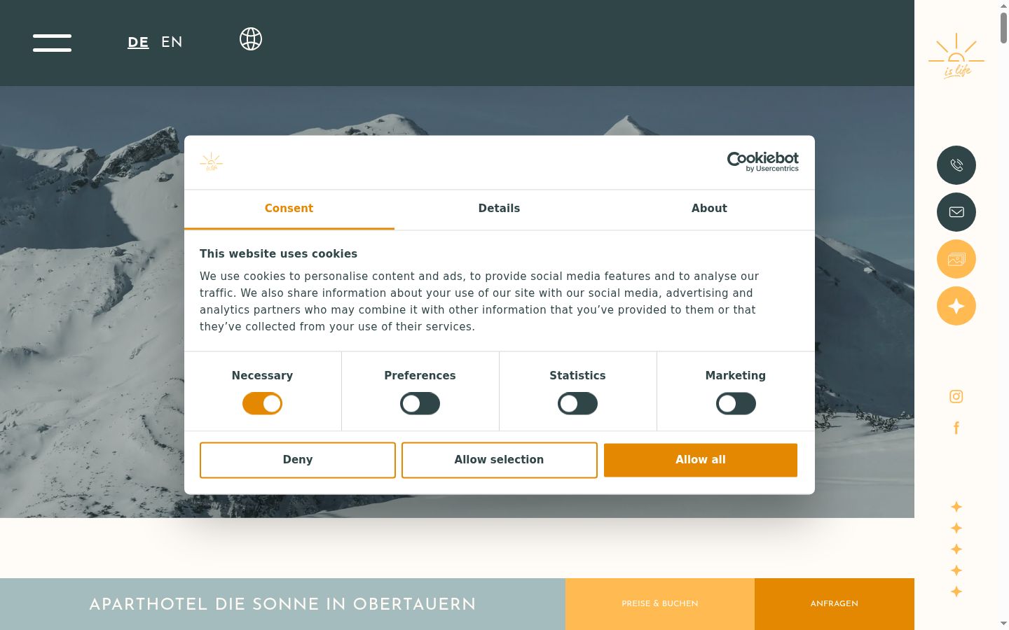 Screenshot des Einwilligungsbanners vor jeglicher Interaktion
