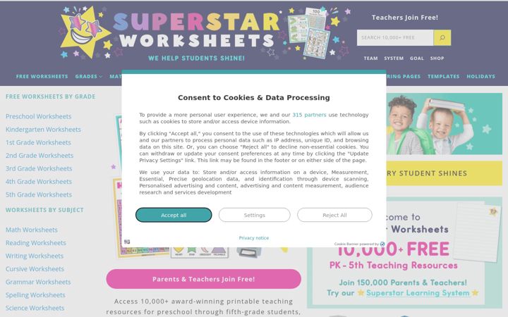 Screenshot of superstarworksheets.com