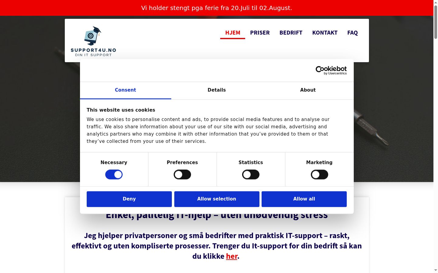 Captura de ecrã do banner de consentimento apresentado antes de qualquer interação