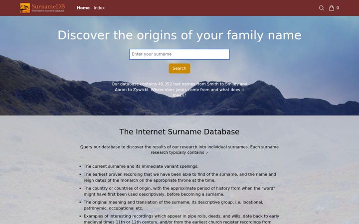 Screenshot of surnamedb.com
