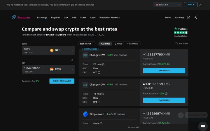 Posnetek zaslona swapzone.io