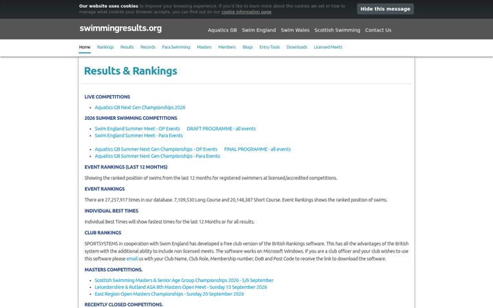 Screenshot of swimmingresults.org