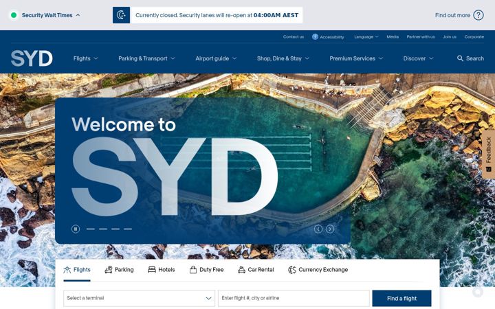 Screenshot of sydneyairport.com.au