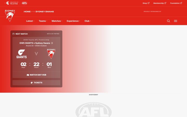 Screenshot του sydneyswans.com.au