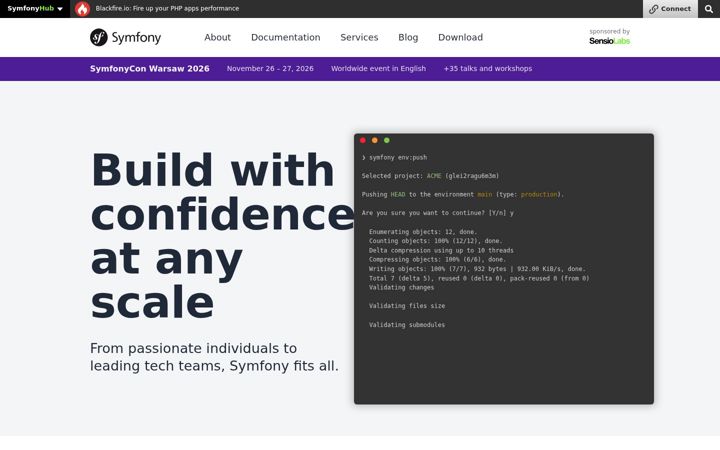 Skærmbillede af symfony.com