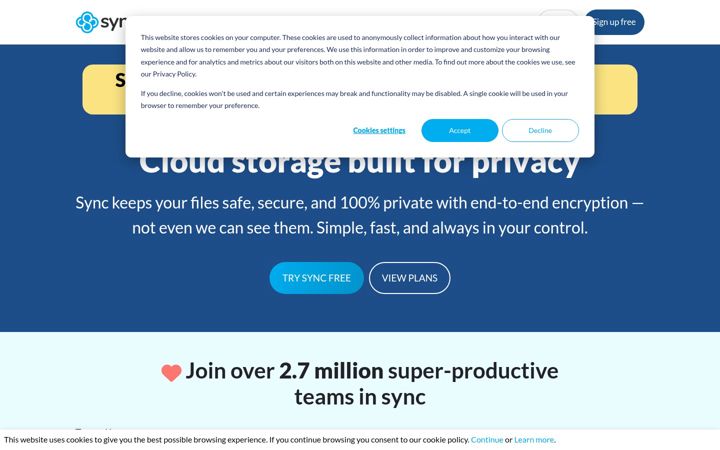 Screenshot stránky sync.com