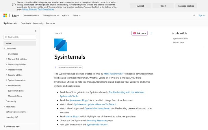 Ekrānuzņēmums no sysinternals.com