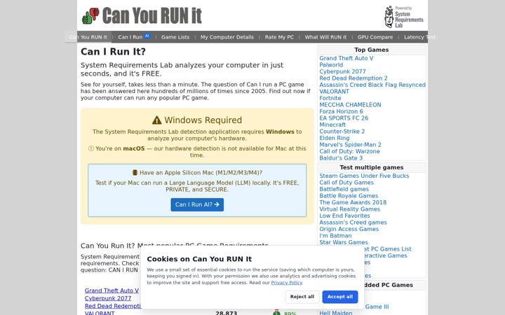 Screenshot van systemrequirementslab.com