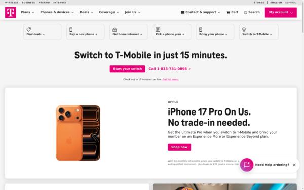 Screenshot of t-mobile.com