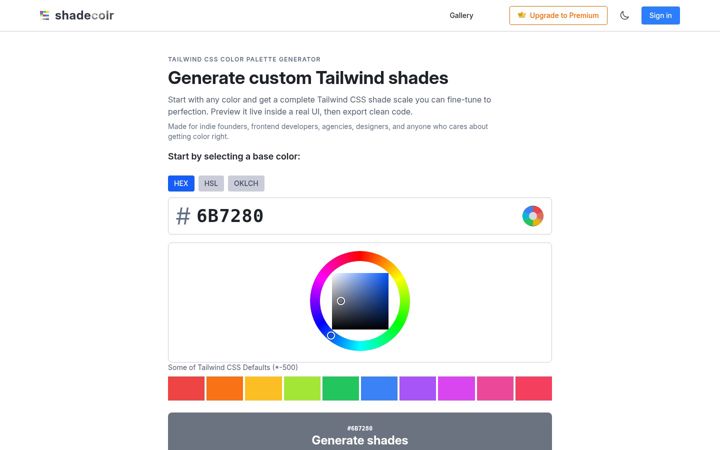 Screenshot of tailwindshades.com