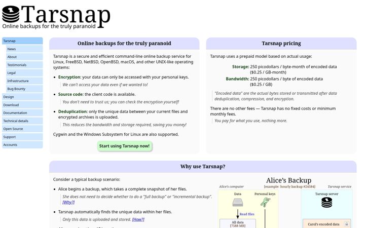 Screenshot of tarsnap.com