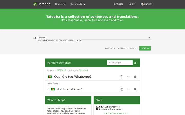 Kuvakaappaus sivustosta tatoeba.org