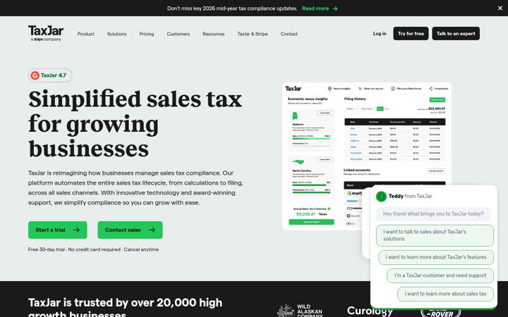 Screenshot von taxjar.com