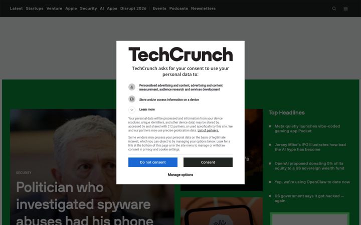 Kuvakaappaus sivustosta techcrunch.com
