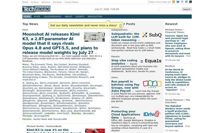 Skærmbillede af techmeme.com