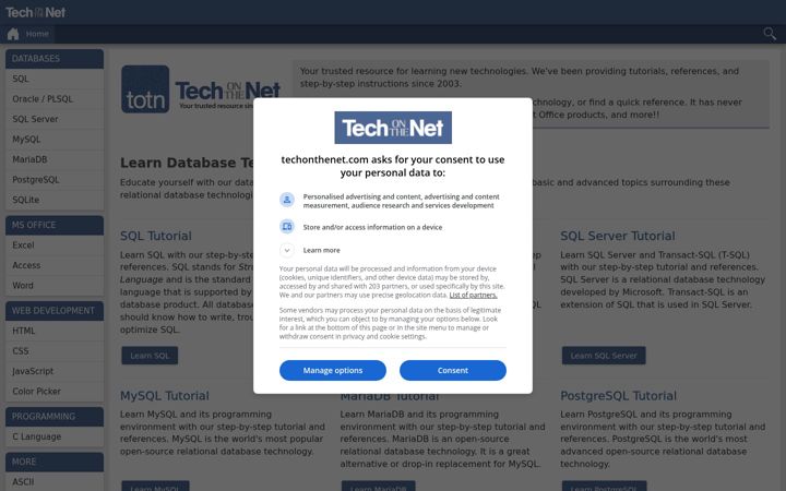 Screenshot of techonthenet.com