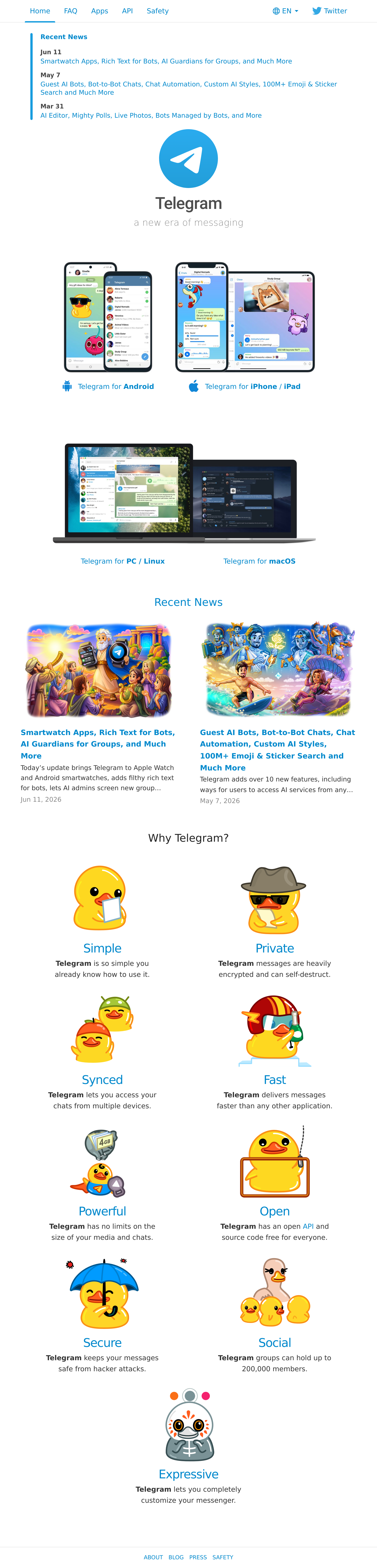 Tablet screenshot of telegram.org