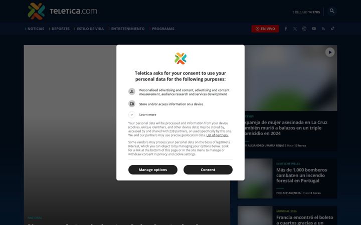 Screenshot of teletica.com