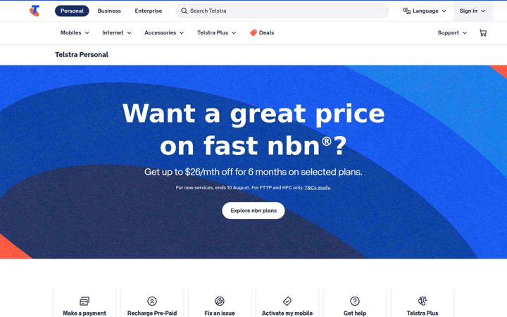 Kuvakaappaus sivustosta telstra.com.au