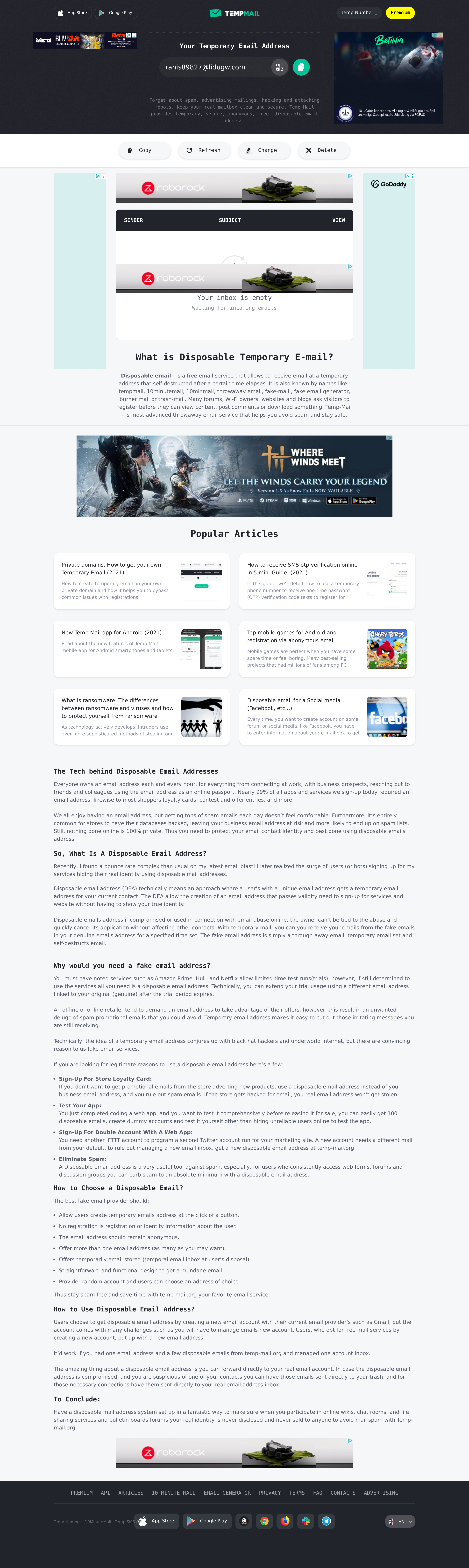 Screenshot of temp-mail.org