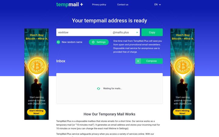 Screenshot of tempmail.plus