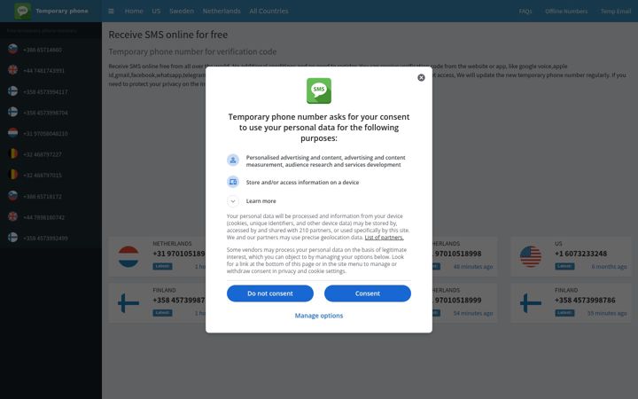 Screenshot of temporary-phone-number.com