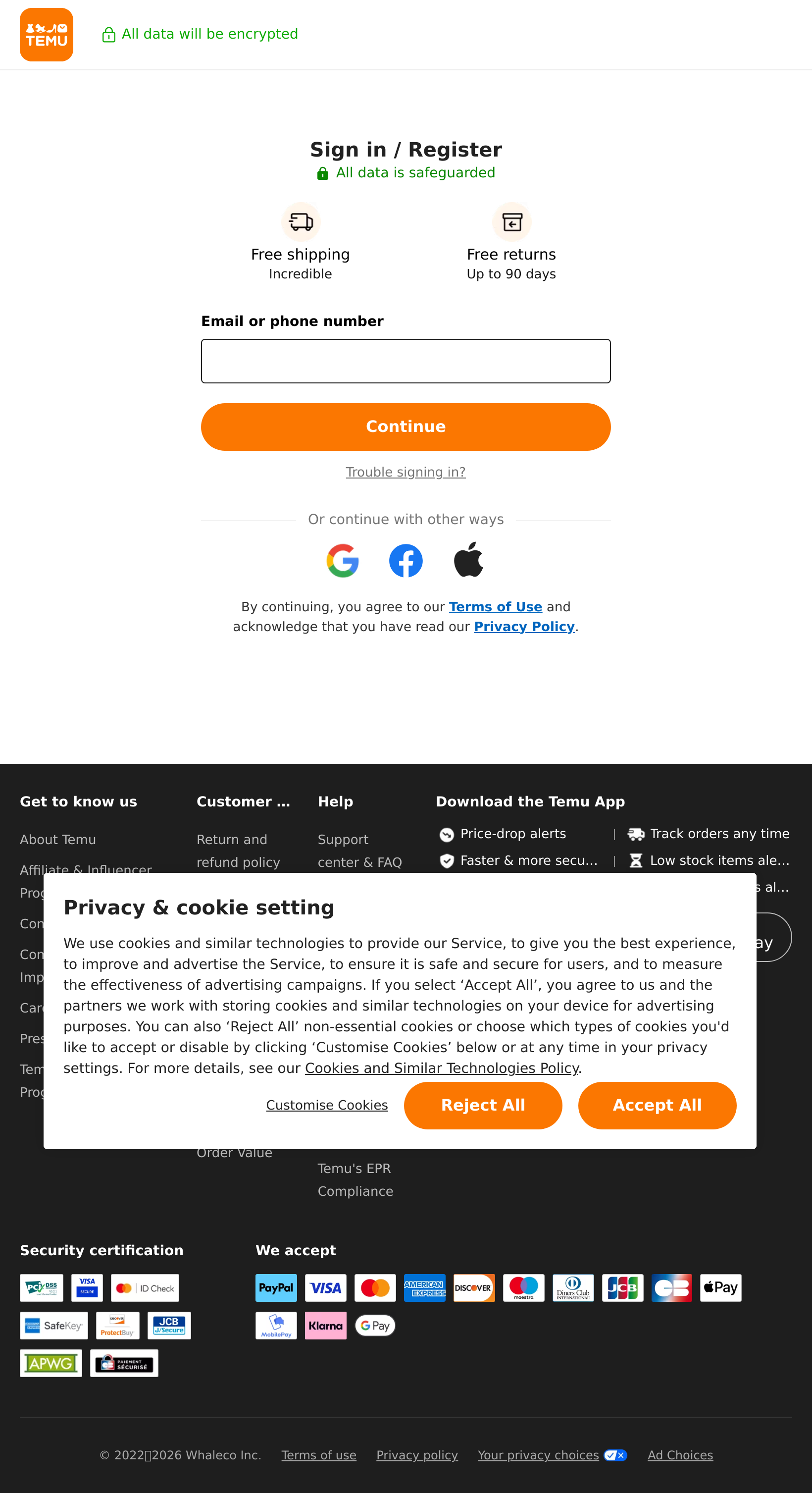 Tablet screenshot of temu.com