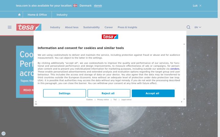Skjámynd af tesa.com