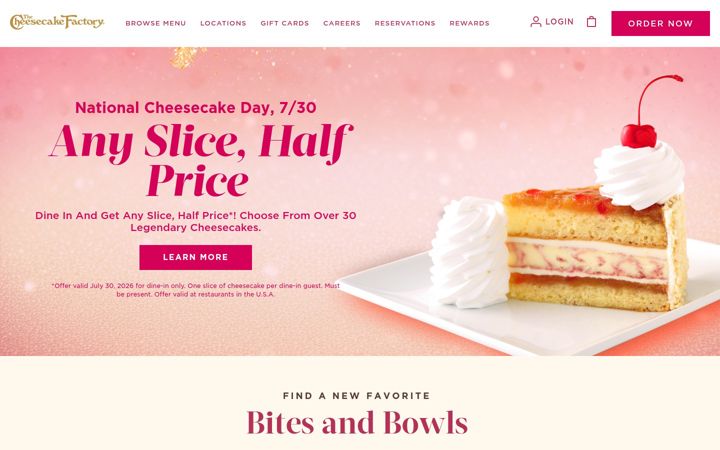 Skærmbillede af thecheesecakefactory.com