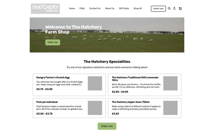 Snímek obrazovky thehatcheryfarmshop.co.uk
