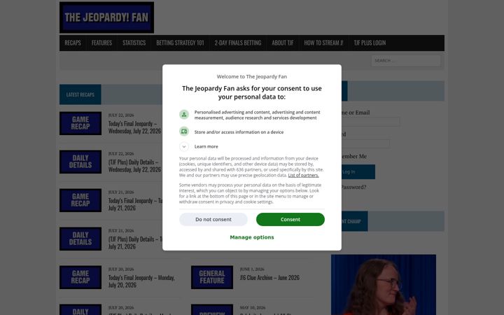 Screenshot of thejeopardyfan.com