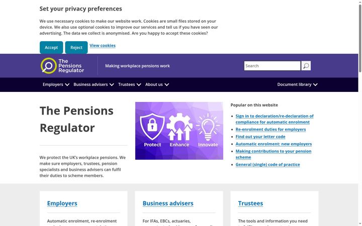 Screenshot of thepensionsregulator.gov.uk