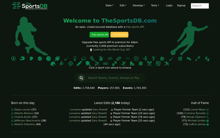 Captură de ecran a thesportsdb.com