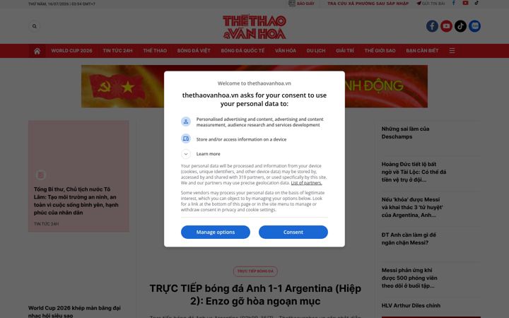Screenshot ta' thethaovanhoa.vn