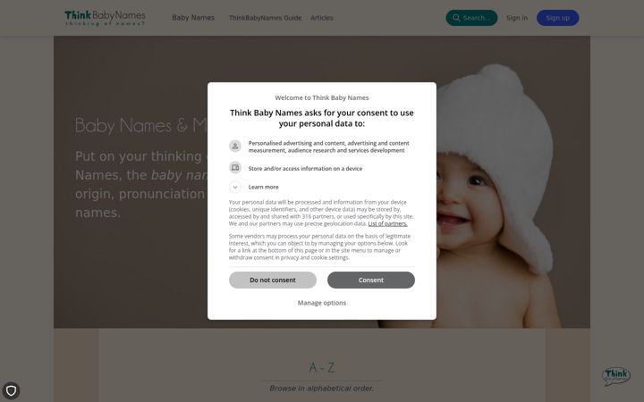 Screenshot of thinkbabynames.com