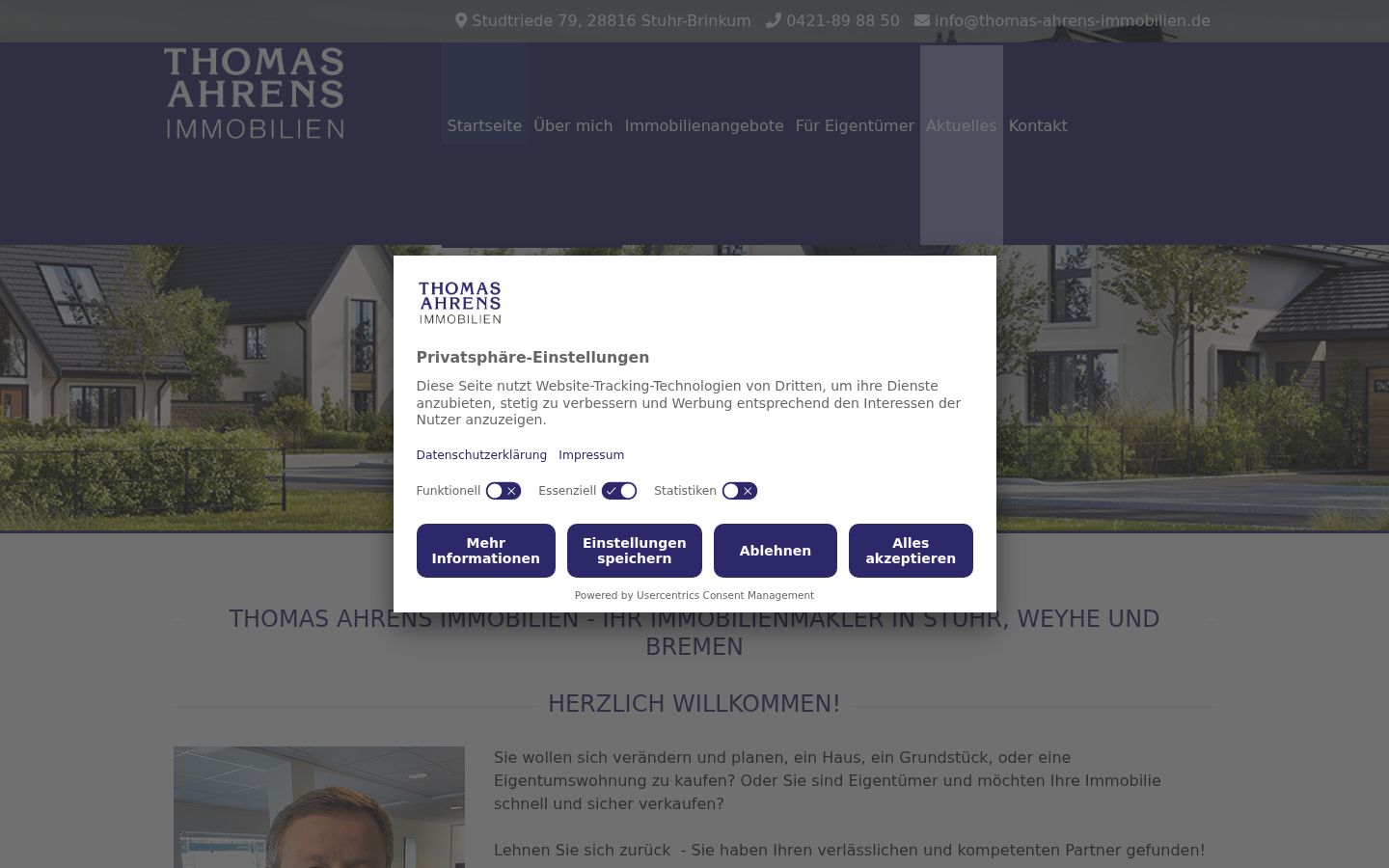 Screenshot des Einwilligungsbanners vor jeglicher Interaktion