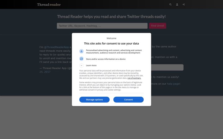 Ekrano kopija threadreaderapp.com