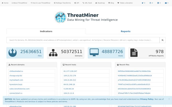 Screenshot of threatminer.org