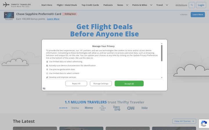 Screenshot of thriftytraveler.com