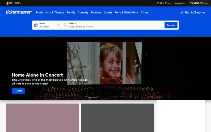 Snímek obrazovky ticketmaster.be
