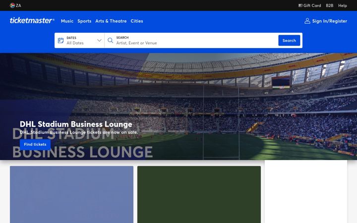 Snímek obrazovky ticketmaster.co.za