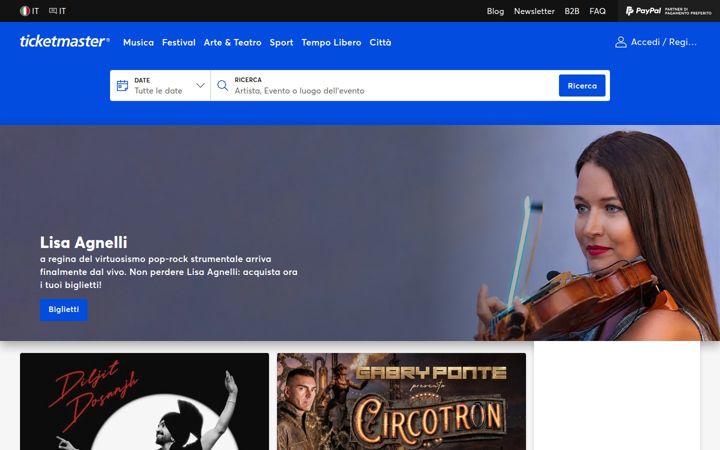 Captură de ecran a ticketmaster.it