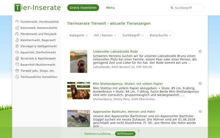 Screenshot of tier-inserate.ch