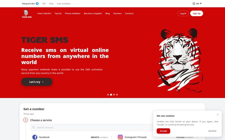Screenshot van tiger-sms.com