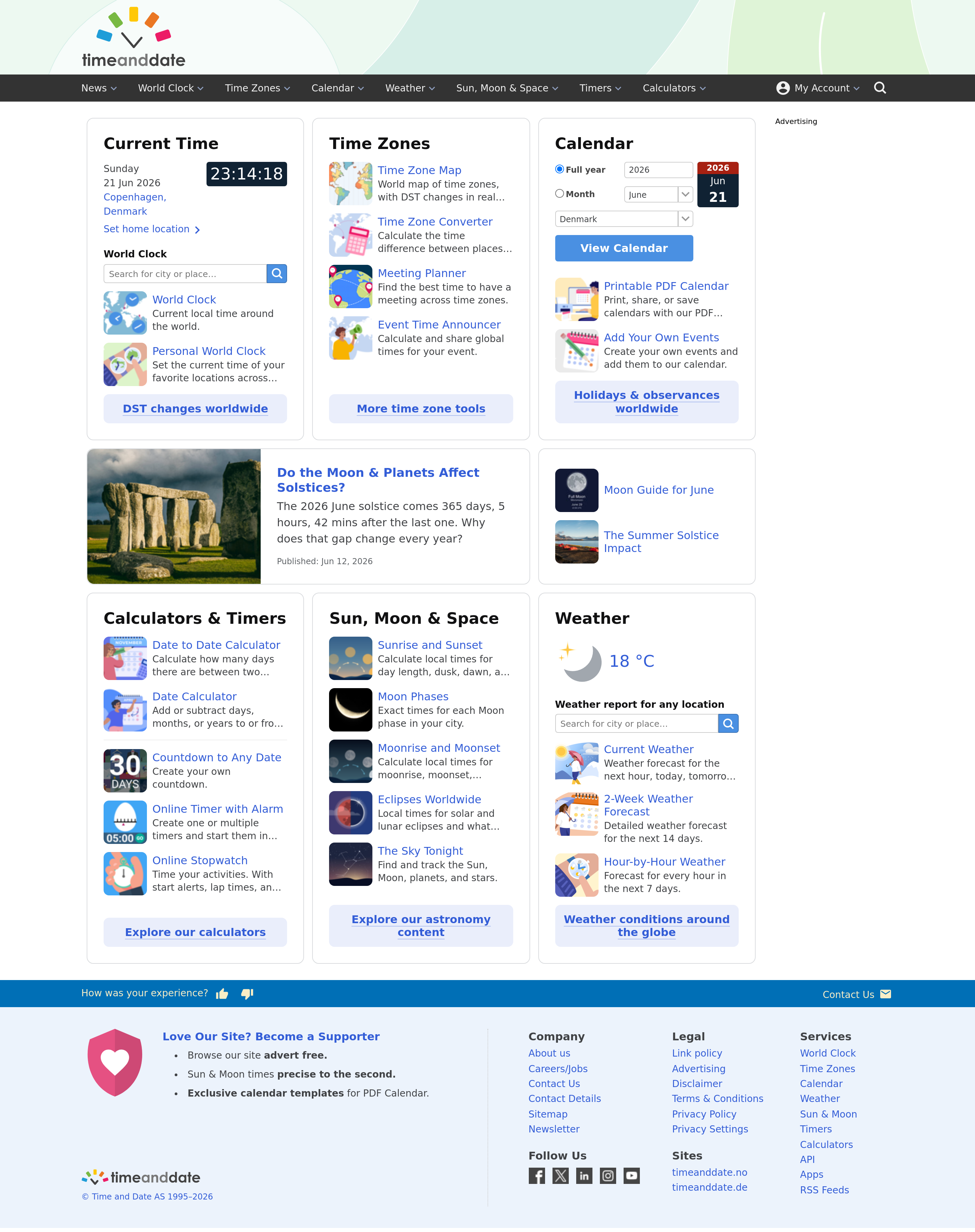 Screenshot of timeanddate.com