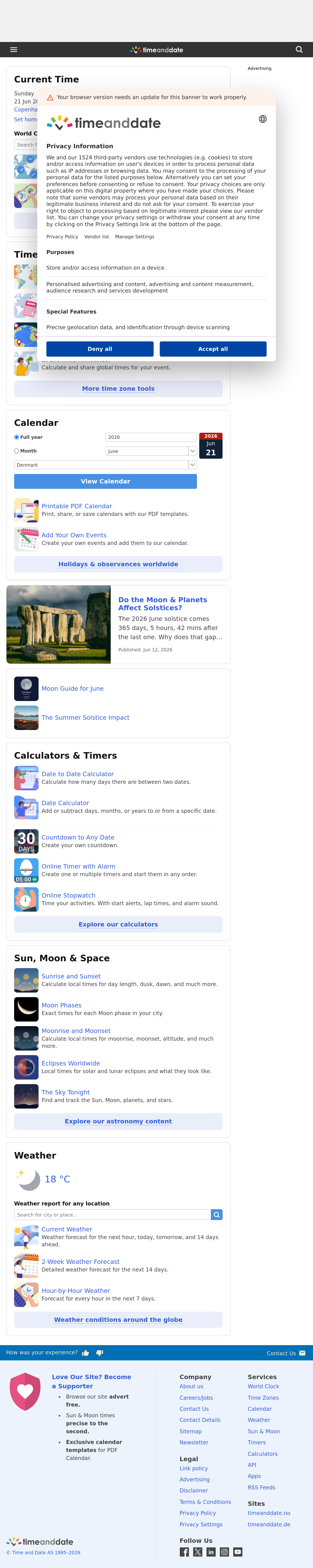 Tablet screenshot of timeanddate.com