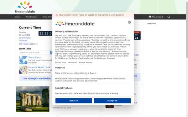 Screenshot of timeanddate.com